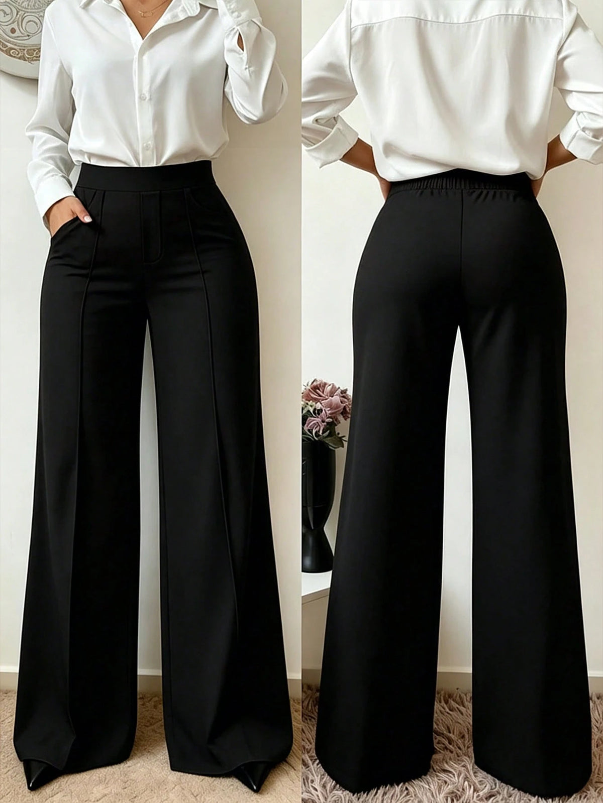 Spring/Summer Elastic Thin Minimalist Wide Leg Pants With Pockets, Office And Casual Wear, Seam Detail Wide Leg Pants To Flatter Leg Shape, Women's Long Pants, Aesthetic