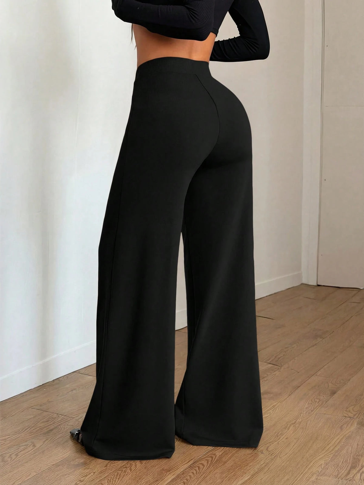 Spring/Summer Elastic Thin Minimalist Wide Leg Pants With Pockets, Office And Casual Wear, Seam Detail Wide Leg Pants To Flatter Leg Shape, Women's Long Pants, Aesthetic