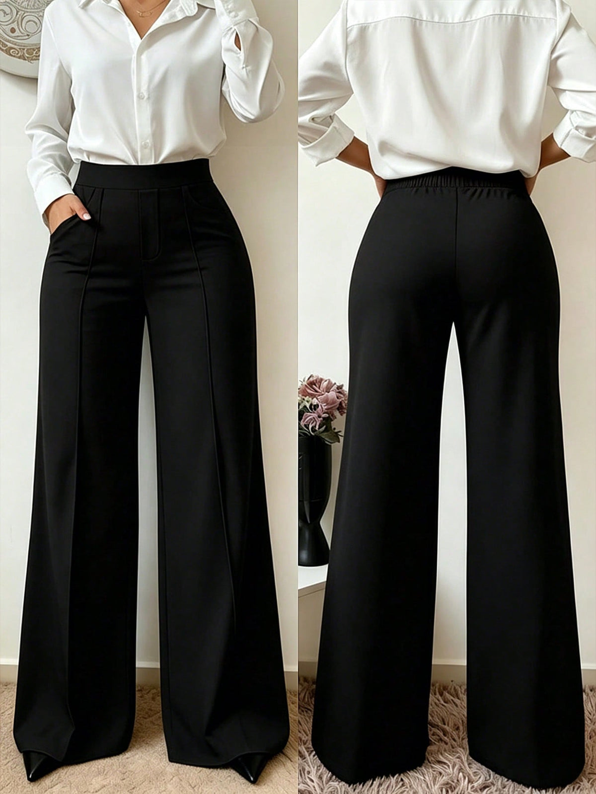 Spring/Summer Elastic Thin Minimalist Wide Leg Pants With Pockets, Office And Casual Wear, Seam Detail Wide Leg Pants To Flatter Leg Shape, Women's Long Pants, Aesthetic