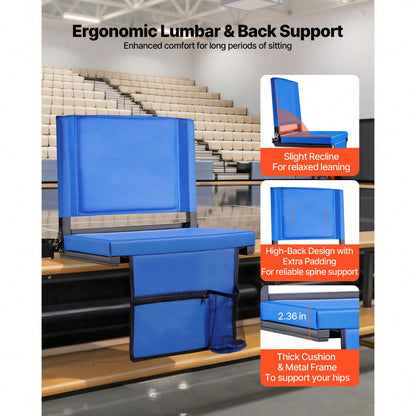 Stadium Seat, Folding Bleacher Chair With Back Support And Thick Cushion, Padded Stadium Seat For Bleacher Includes Shoulder Strap, Hooks, Cup Holder, And Side Pocket, Blue Bleachers Chair