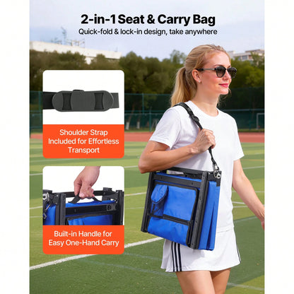 Stadium Seat, Folding Bleacher Chair With Back Support And Thick Cushion, Padded Stadium Seat For Bleacher Includes Shoulder Strap, Hooks, Cup Holder, And Side Pocket, Blue Bleachers Chair