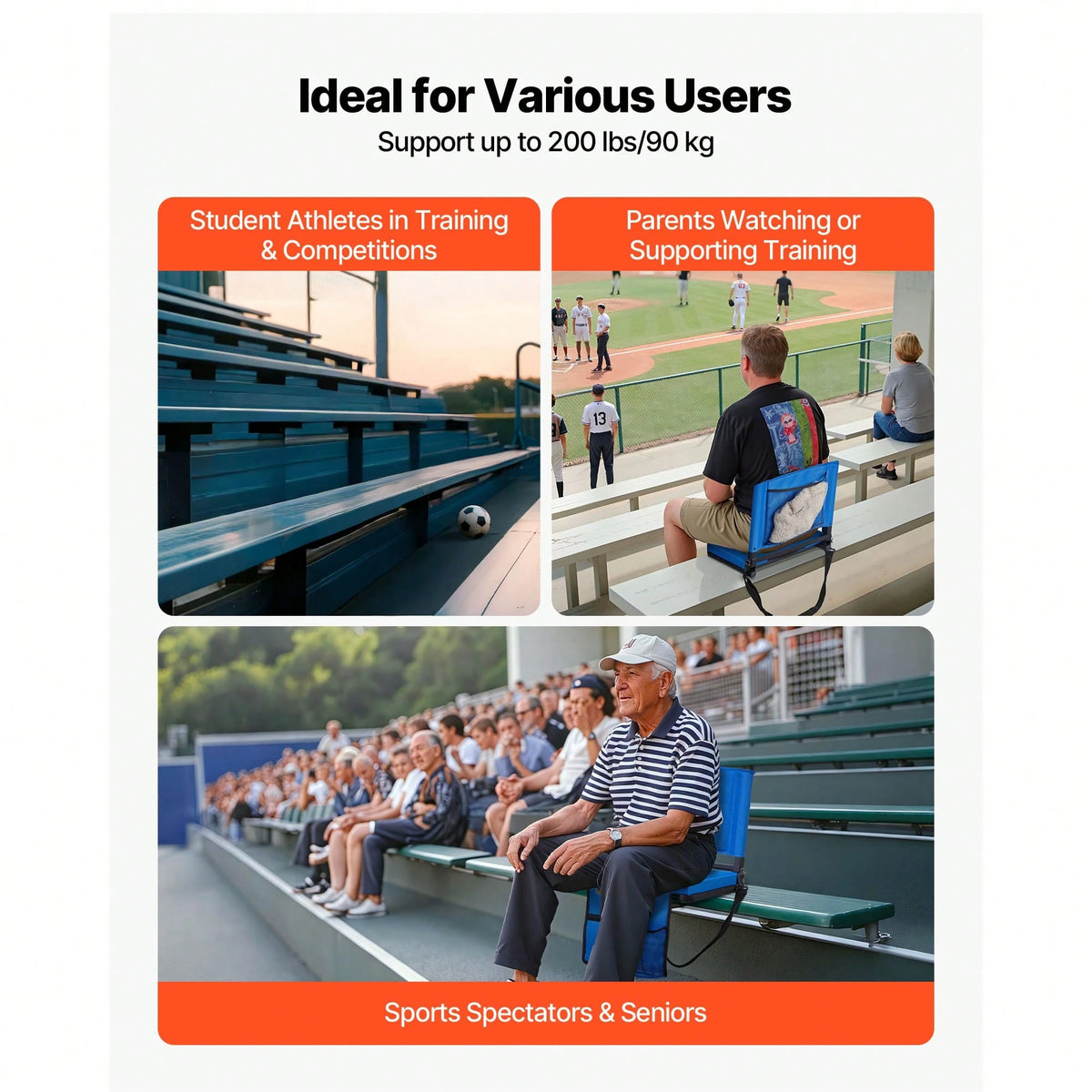 Stadium Seat, Folding Bleacher Chair With Back Support And Thick Cushion, Padded Stadium Seat For Bleacher Includes Shoulder Strap, Hooks, Cup Holder, And Side Pocket, Blue Bleachers Chair