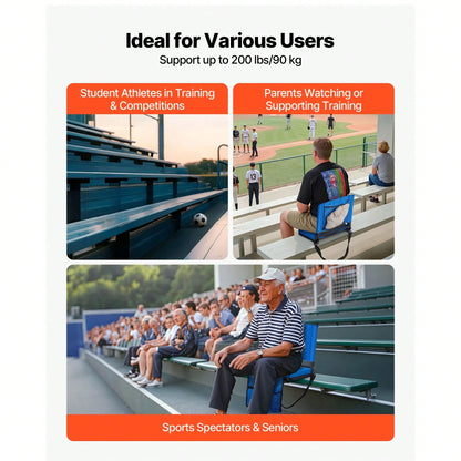 Stadium Seat, Folding Bleacher Chair With Back Support And Thick Cushion, Padded Stadium Seat For Bleacher Includes Shoulder Strap, Hooks, Cup Holder, And Side Pocket, Blue Bleachers Chair
