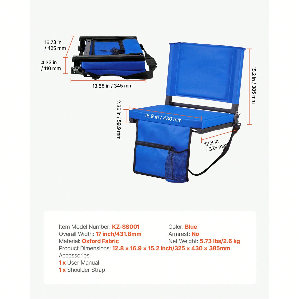 Stadium Seat, Folding Bleacher Chair With Back Support And Thick Cushion, Padded Stadium Seat For Bleacher Includes Shoulder Strap, Hooks, Cup Holder, And Side Pocket, Blue Bleachers Chair