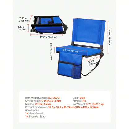 Stadium Seat, Folding Bleacher Chair With Back Support And Thick Cushion, Padded Stadium Seat For Bleacher Includes Shoulder Strap, Hooks, Cup Holder, And Side Pocket, Blue Bleachers Chair