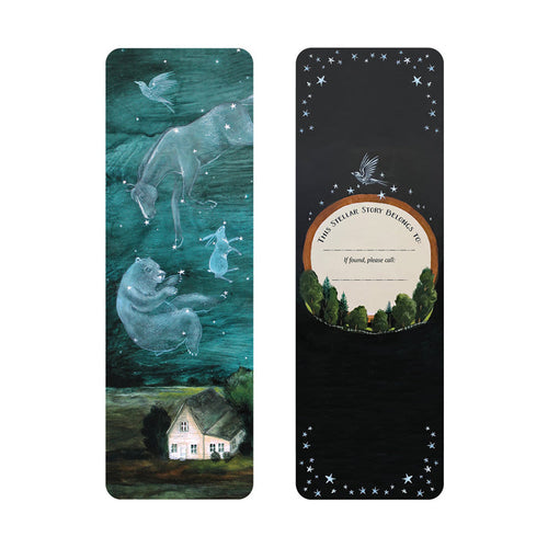 The front and back of a bookmark showing celestial designs over a house on the front and bookplate on the back.