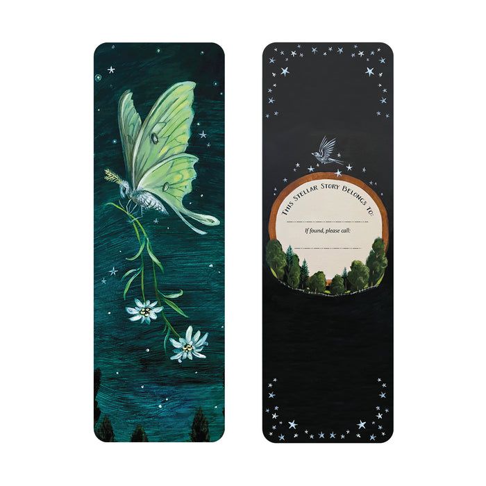 The front and back of a bookmark with a fairy moth in a night sky on the front and stars and trees bookplate on the back.