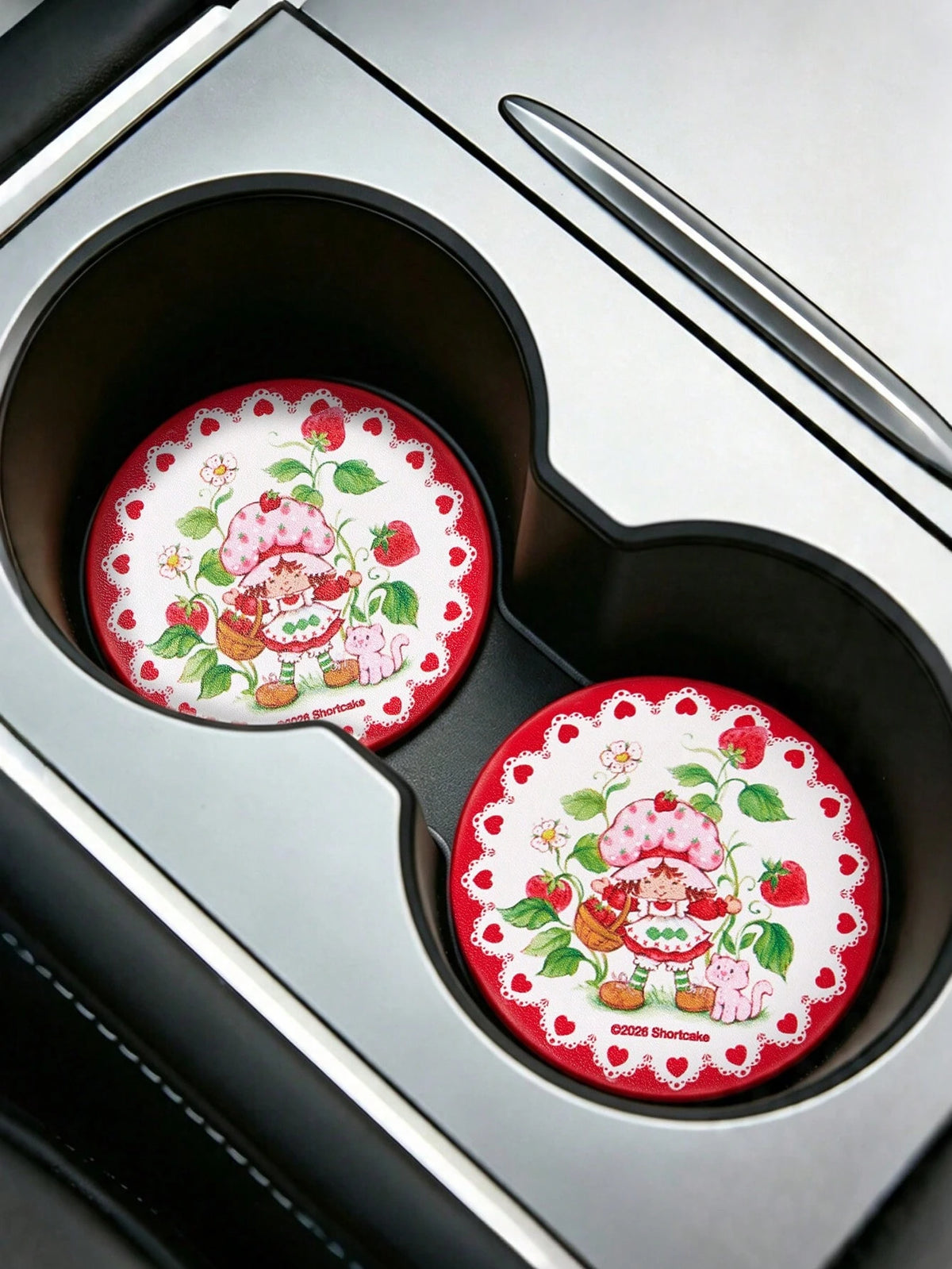 Strawberry Shortcake X Cute Cartoon Character Printed Car Coaster, 1/2-Piece Non-Slip Cup Holder Mat For Automotive Interior,Strawberry