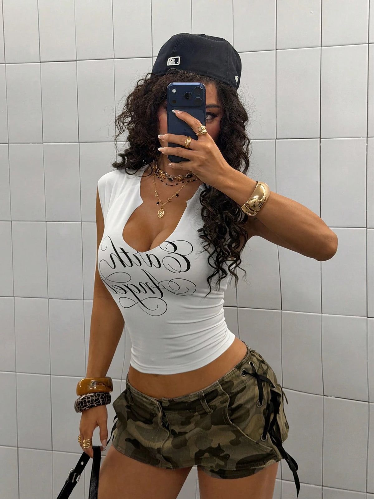 StreetHx Women's White V-Neck Wavy Letter Print Elastic Fitted Comfortable Street Wear Punk Rock T-Shirt, Suitable For Beach Vacation, Music Festival, Summer