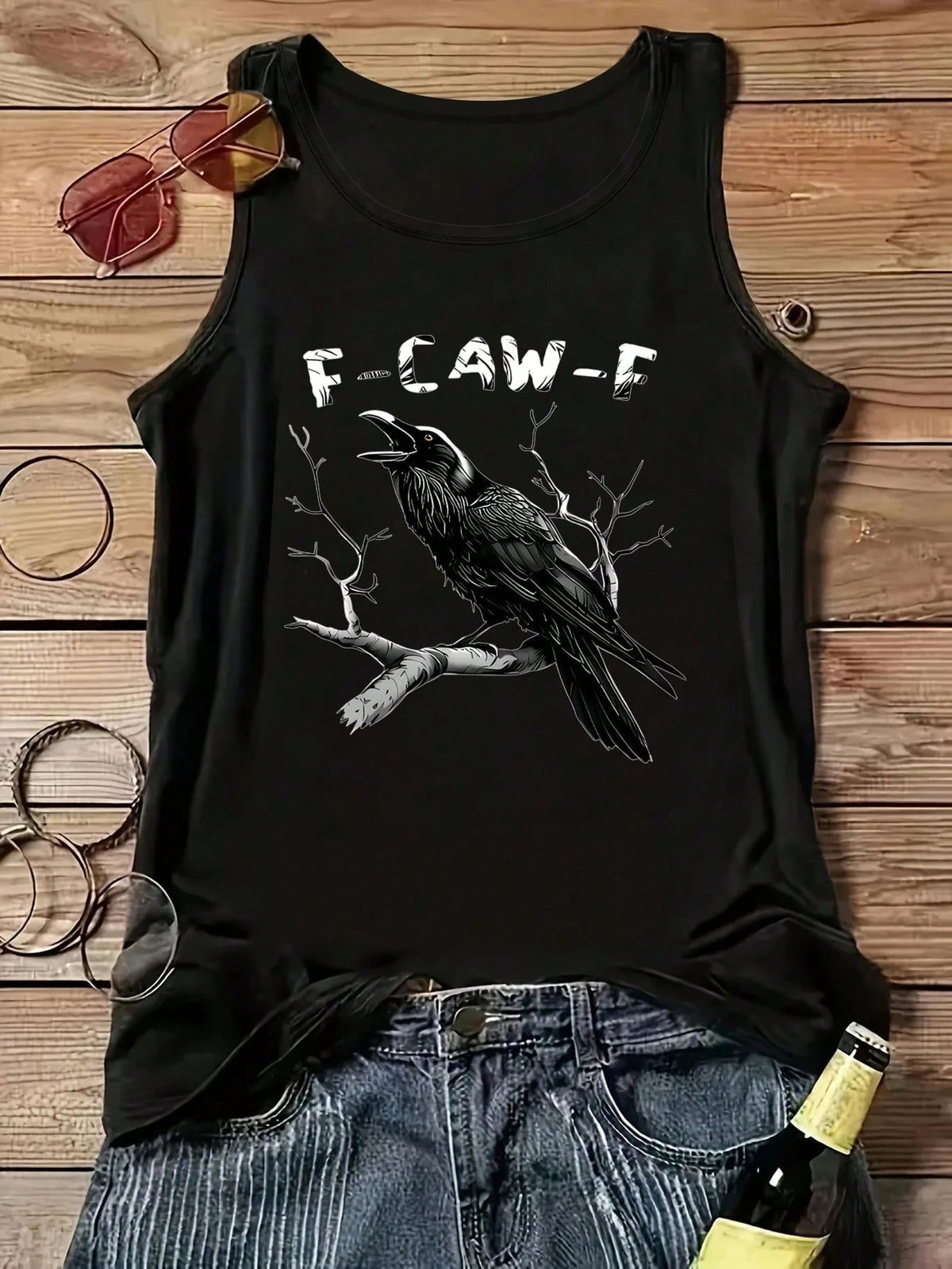 Stylish Crow "F-CAW-F" Graphic Tank Top, Summer Casual White