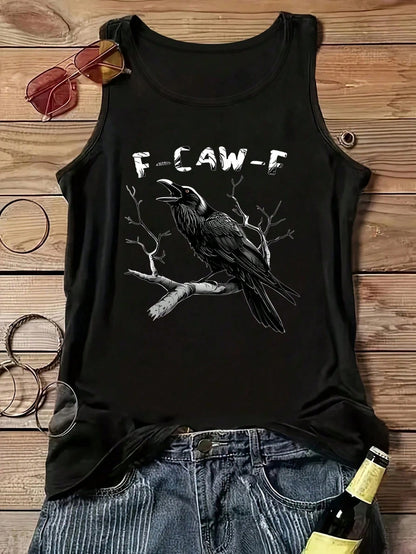 Stylish Crow "F-CAW-F" Graphic Tank Top, Summer Casual White
