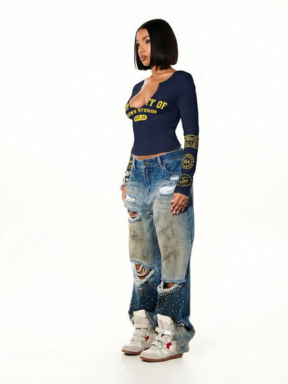 SUMWON WOMEN Navy Long Sleeve Scoop Neck Crop Top With Yellow Text Graphics And Sleeve Patches Casual Streetwear Fall Winter Fashion