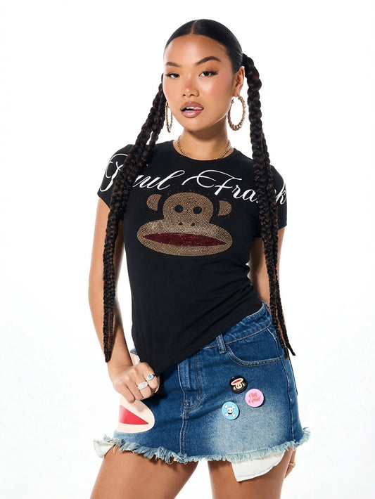 SUMWON X PAUL FRANK SUMWON WOMEN Graphic Tee With Rhinestone Monkey Print Short Sleeve Crew Neck Cotton Fitted Top