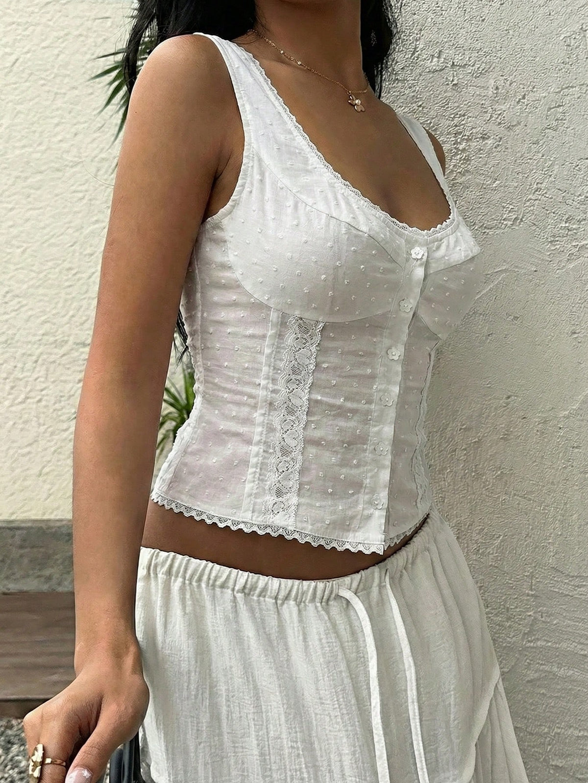 Sunnyshic Women's Single-Breasted Fitted Lace Trim Patchwork Camisole