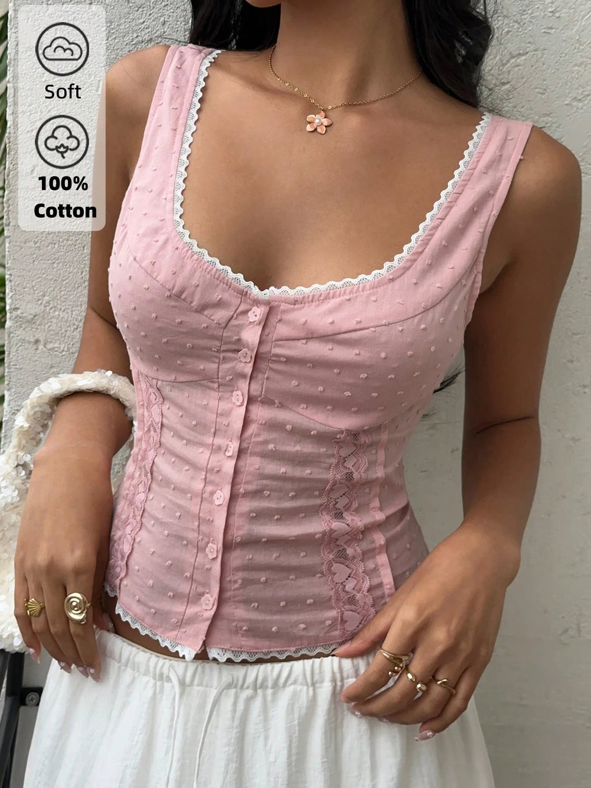 Sunnyshic Women's Single-Breasted Fitted Lace Trim Patchwork Camisole