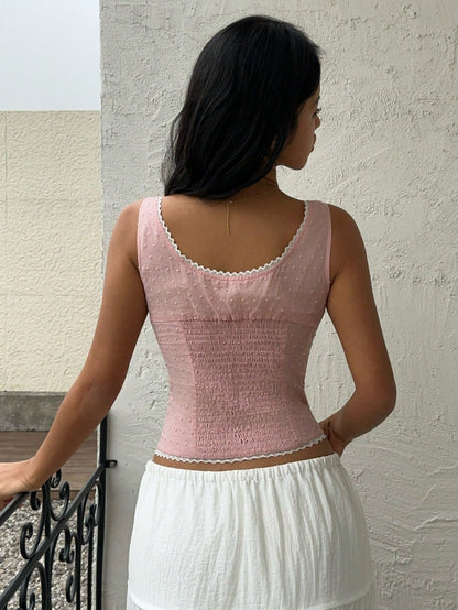 Sunnyshic Women's Single-Breasted Fitted Lace Trim Patchwork Camisole