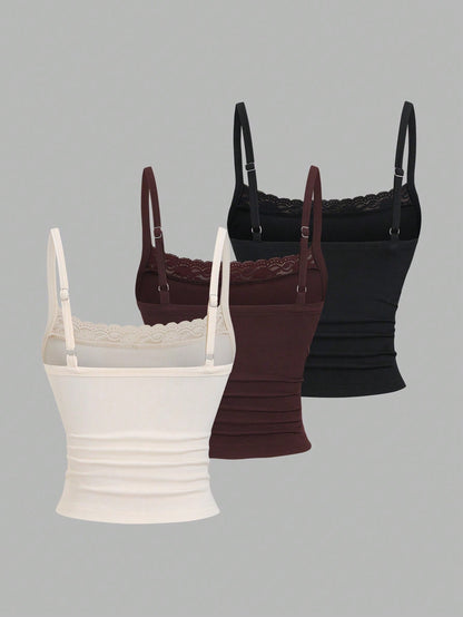 Sweetra Summer Elegant Everyday Cream And Black Lace Camisole,Sweet & Spicy Tight-Fitting Cropped Backless Top For Music Festival Vacation Office School