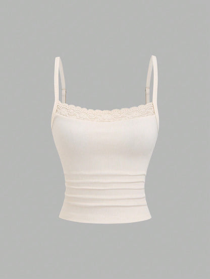 Sweetra Summer Elegant Everyday Cream And Black Lace Camisole,Sweet & Spicy Tight-Fitting Cropped Backless Top For Music Festival Vacation Office School