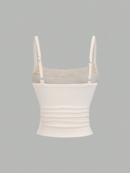 Sweetra Summer Elegant Everyday Cream And Black Lace Camisole,Sweet & Spicy Tight-Fitting Cropped Backless Top For Music Festival Vacation Office School