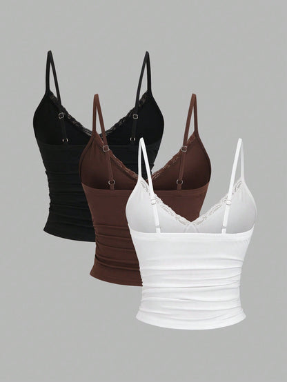 Sweetra Y2K Sexy Sling Lace Trim Pleated Ruched Clothes Set