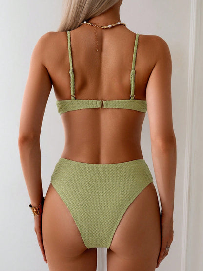 Swim Basics Ladies' Summer Beach Solid Color Front Tie Sexy Bikini Set, Two-Piece Bikini Set