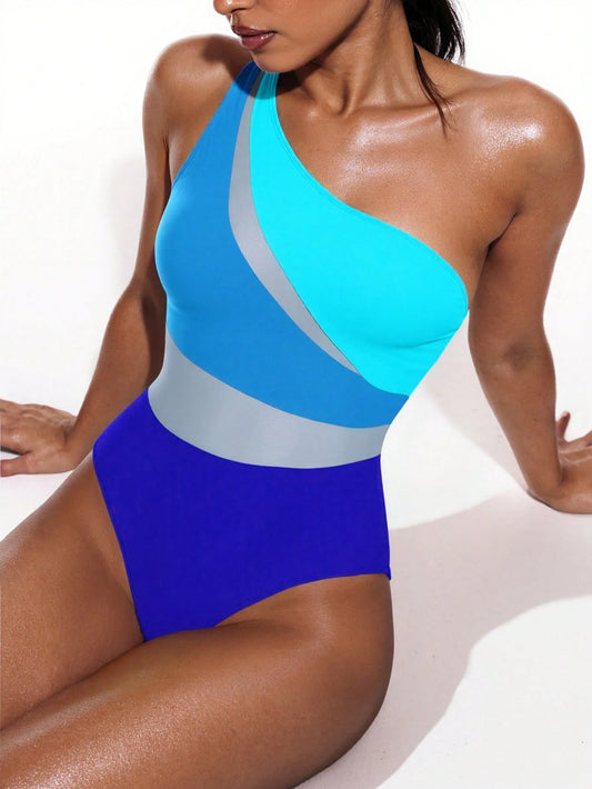 Swim Basics Springbreak Women Blue One Shoulder Open Back One-Piece Swimsuit With Sheer Mesh Splice,Classy Summer Elegant Beach Party Holiday Bathing Suit