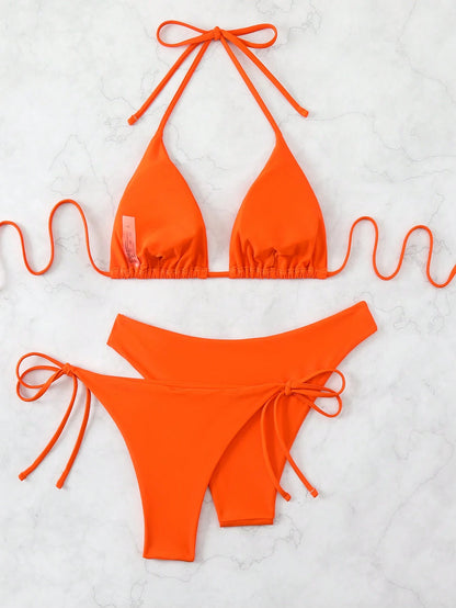 Swim Basics Women Summer Beach Solid Halter Neck 3-Piece Bikini Set Bathing Suit, Suitable For Holiday Orange Bikiniswimsuit Set
