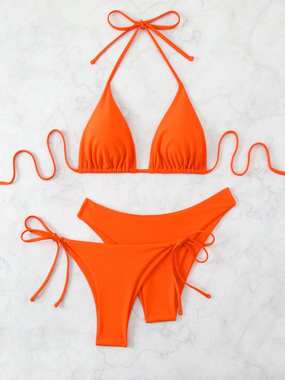Swim Basics Women Summer Beach Solid Halter Neck 3-Piece Bikini Set Bathing Suit, Suitable For Holiday Orange Bikiniswimsuit Set