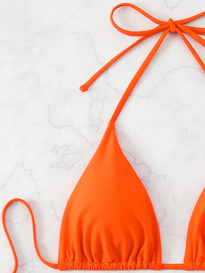 Swim Basics Women Summer Beach Solid Halter Neck 3-Piece Bikini Set Bathing Suit, Suitable For Holiday Orange Bikiniswimsuit Set