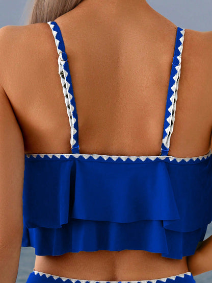Swim Lushoire 2pcs Ruched Color Block Spring Break Swimwear, High Waist Pleated Triangle Bikini Set For Summer Beach Vacation