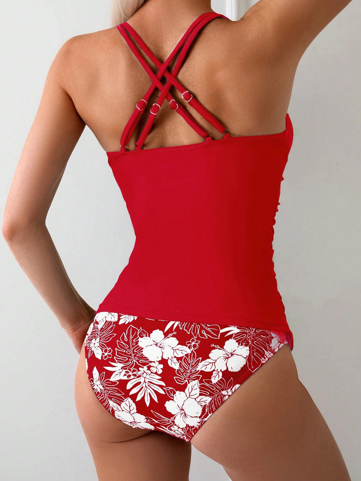 Swim Lushoire Women's Summer Beach Resort Tropical Print Ruched Criss-Cross Back Tankini Swimwear