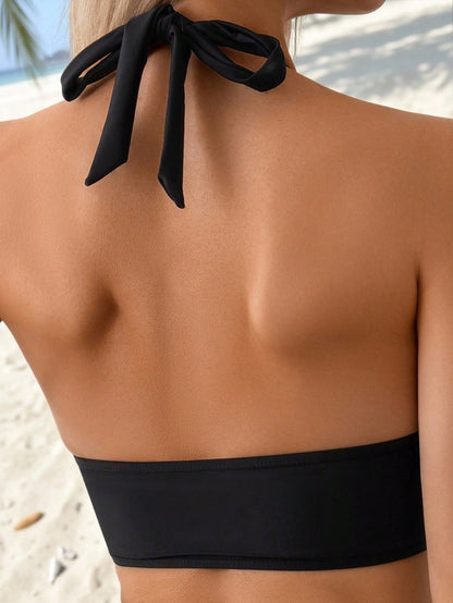 Swim Lushoire Women's Summer Beach Solid Color Ruched Halter Tie Sexy Bikini Top