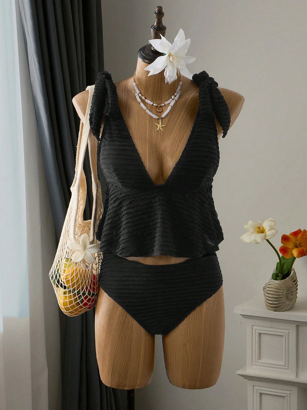 Swim Mod Bellisia Women's Special Textured Fabric Halter Top And Bikini Bottom Set,Yellow Summer Casual Holiday Vacation,Lemon Ruffle Knitted Bathing Suit