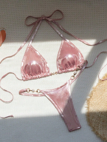 Swim Mod Summer Beach Metallic Chain Linked Halter Triangle Bikini Set