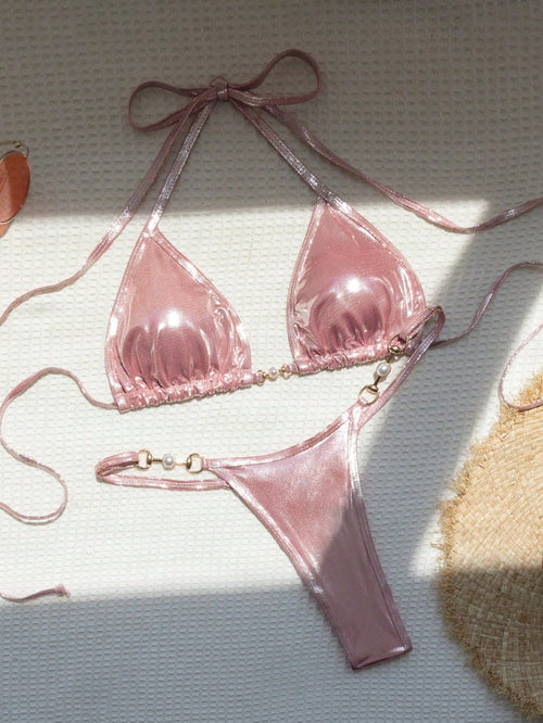 Swim Mod Summer Beach Metallic Chain Linked Halter Triangle Bikini Set