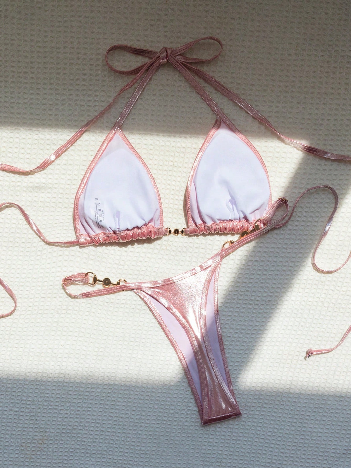 Swim Mod Summer Beach Metallic Chain Linked Halter Triangle Bikini Set