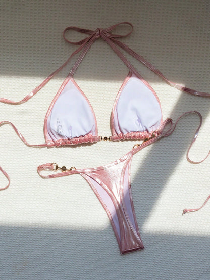 Swim Mod Summer Beach Metallic Chain Linked Halter Triangle Bikini Set