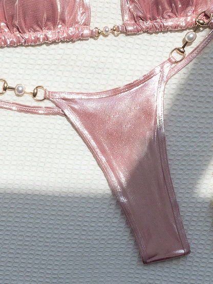 Swim Mod Summer Beach Metallic Chain Linked Halter Triangle Bikini Set