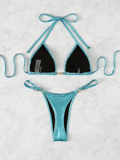 Swim Mod Summer Beach Metallic Chain Linked Halter Triangle Bikini Set
