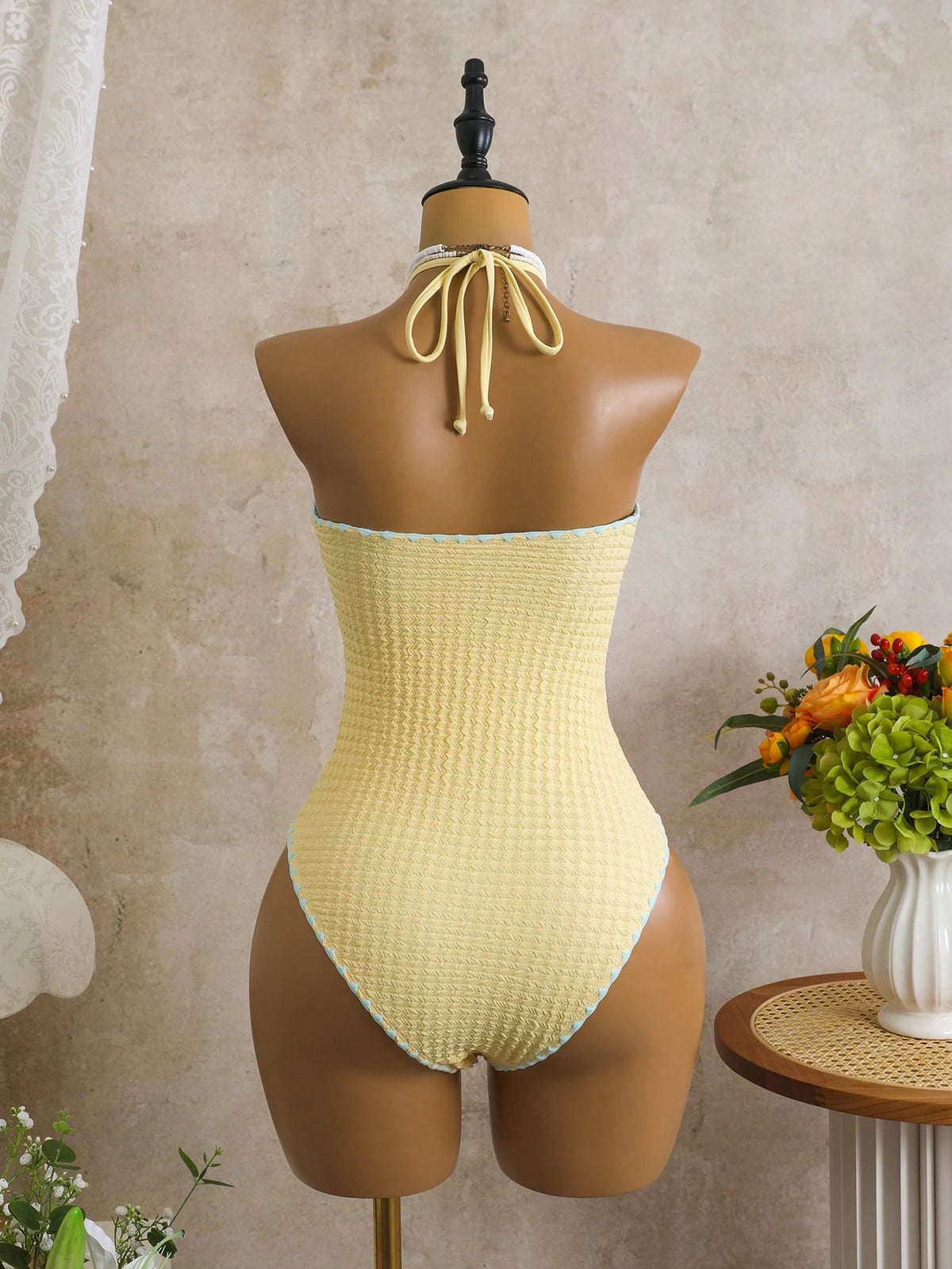 Swim Mod Women's Light Yellow Textured Fabric One-Piece Swimsuit, Light Blue Floral Trim V-Neck Halter Backless Bathing Suits, Summer Casual Sexy Holiday Beach
