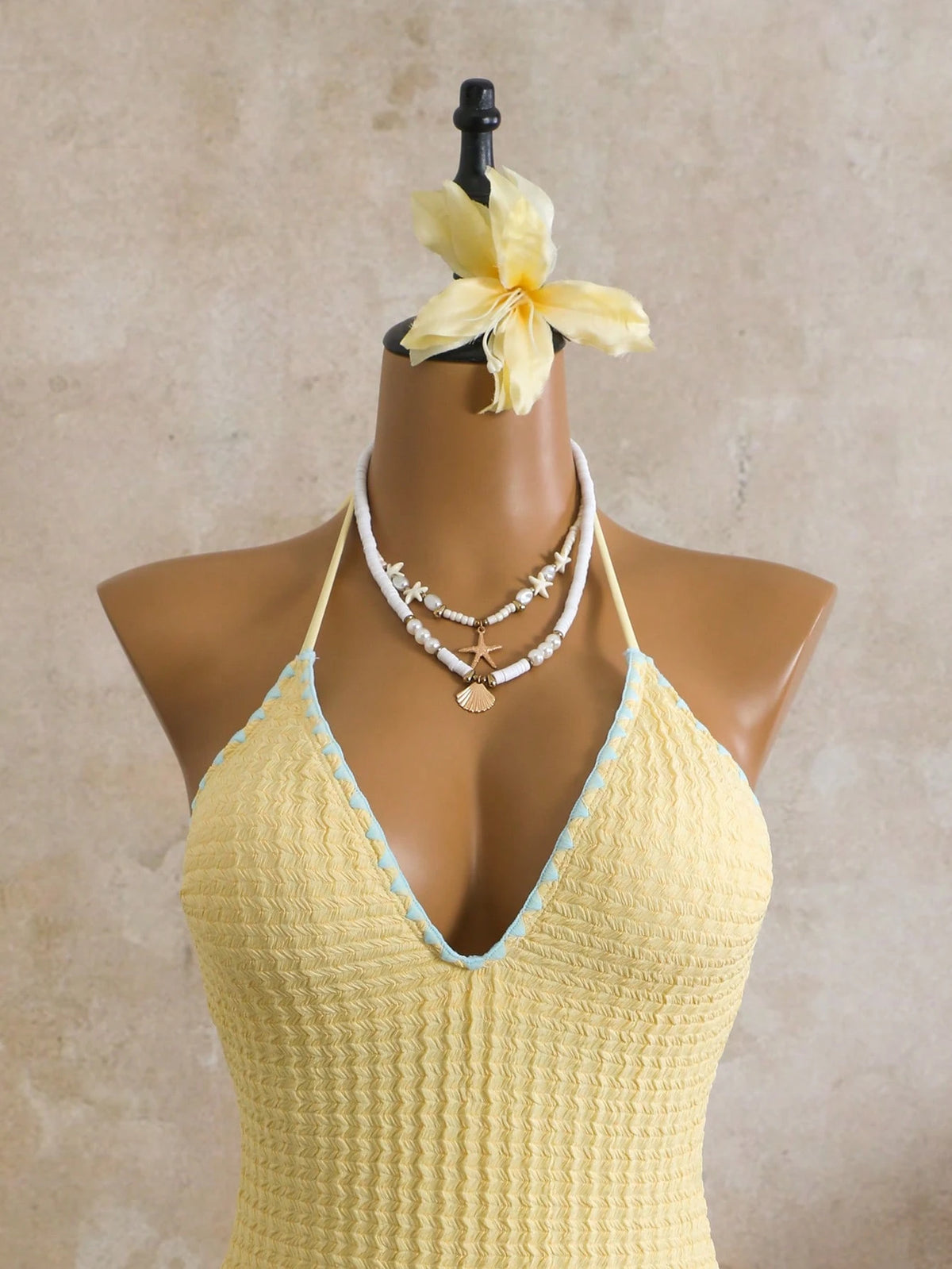 Swim Mod Women's Light Yellow Textured Fabric One-Piece Swimsuit, Light Blue Floral Trim V-Neck Halter Backless Bathing Suits, Summer Casual Sexy Holiday Beach