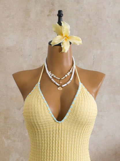 Swim Mod Women's Light Yellow Textured Fabric One-Piece Swimsuit, Light Blue Floral Trim V-Neck Halter Backless Bathing Suits, Summer Casual Sexy Holiday Beach