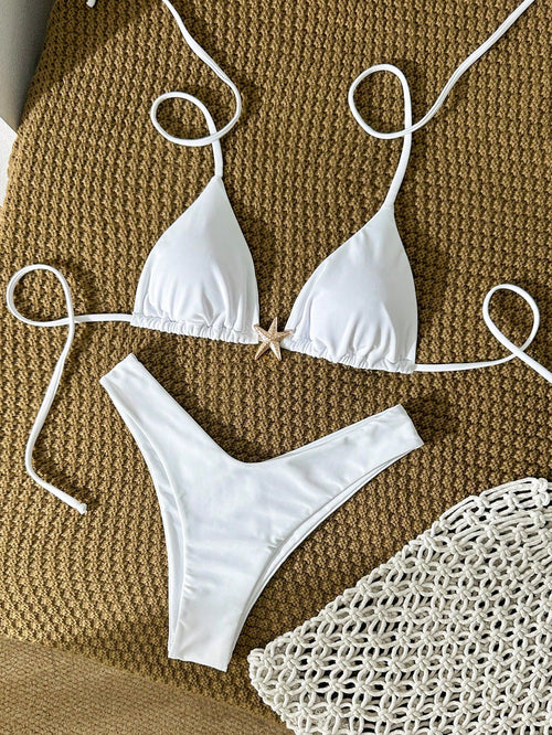 Swim Mod Women's Solid Color Metal Decor Spaghetti Strap Sexy Bikini Set, Summer