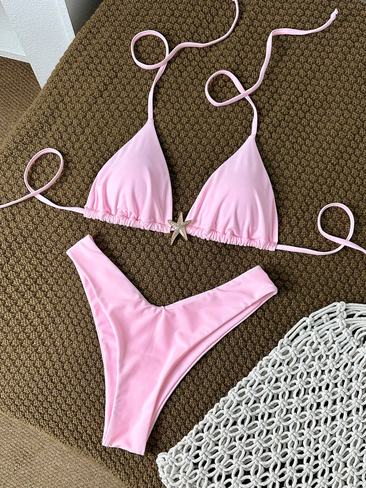 Swim Mod Women's Solid Color Metal Decor Spaghetti Strap Sexy Bikini Set, Summer