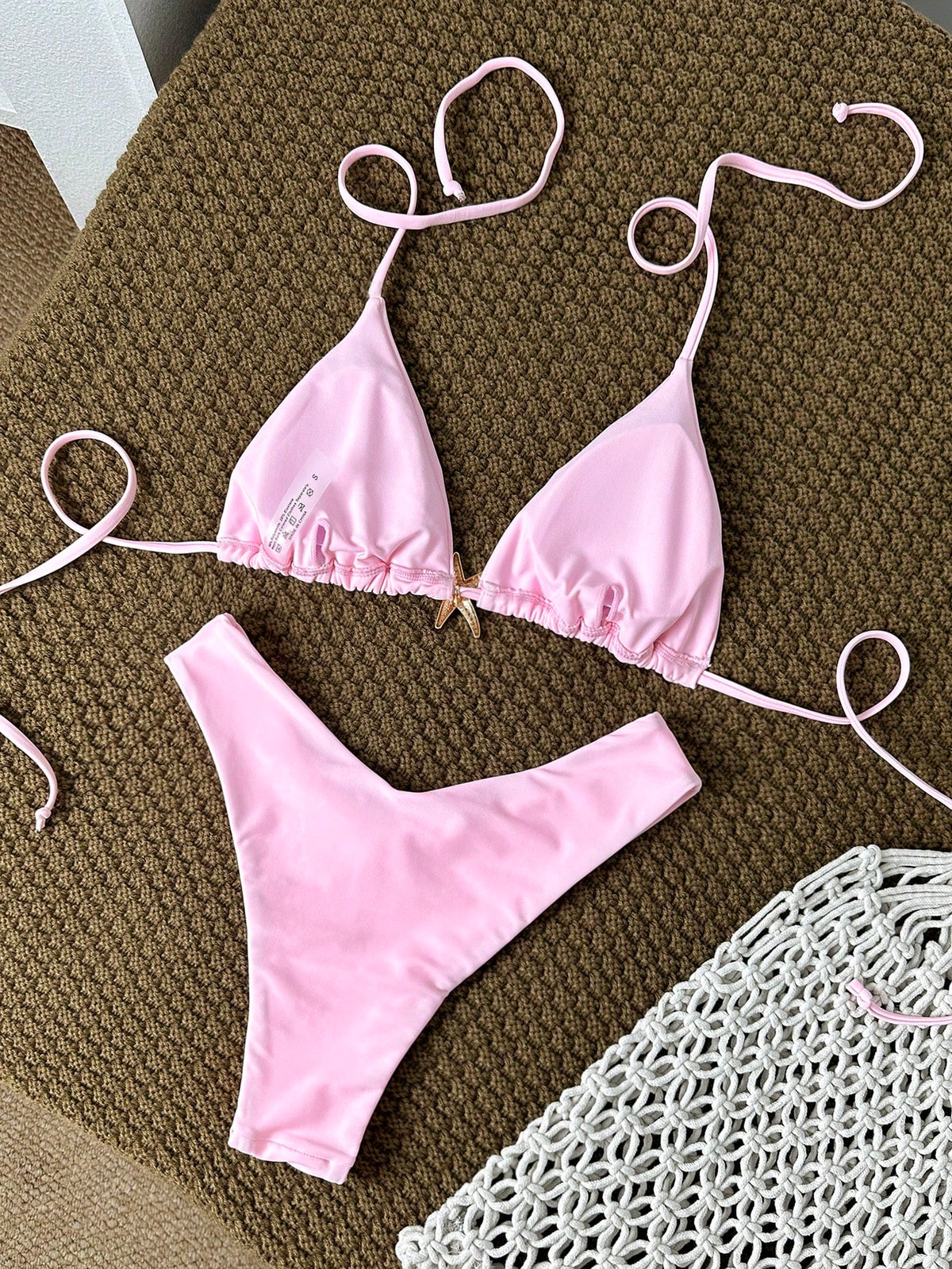 Swim Mod Women's Solid Color Metal Decor Spaghetti Strap Sexy Bikini Set, Summer