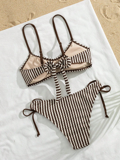 Swim Mod Women's Striped Knitted Jacquard Fabric Fine Shoulder Strap Knot Casual Vacation Cute Bikini Set