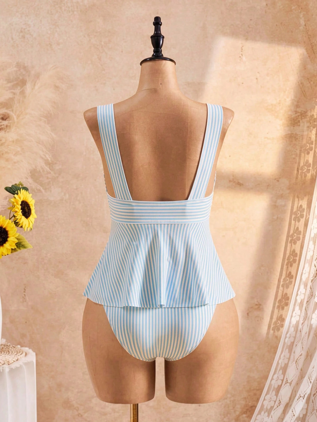 Swim Mod Women's Sweet Ruched Striped Print Thick Strap Spaghetti Strap Tank Top Bikini Two-Piece Swimsuit Set