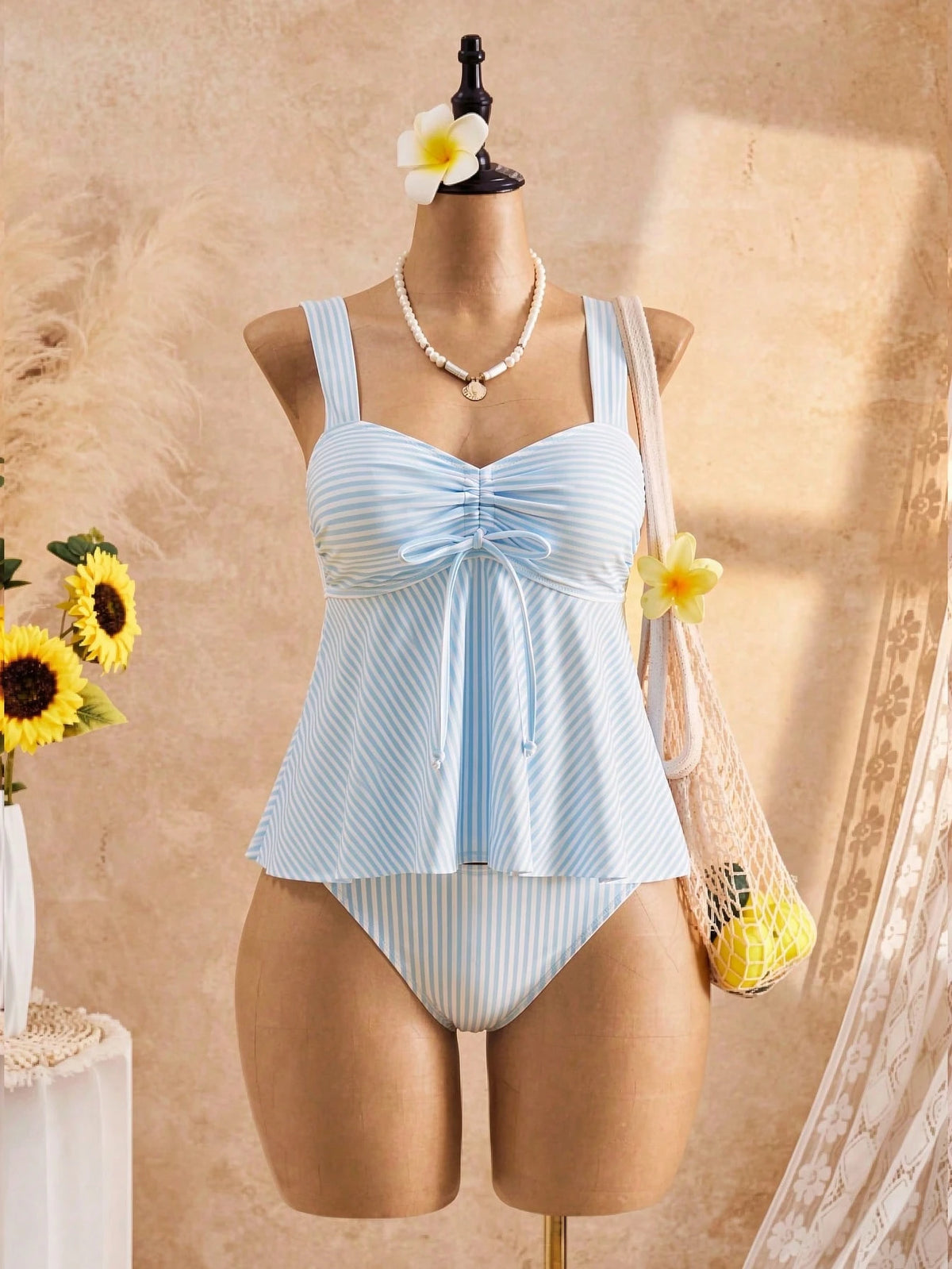 Swim Mod Women's Sweet Ruched Striped Print Thick Strap Spaghetti Strap Tank Top Bikini Two-Piece Swimsuit Set