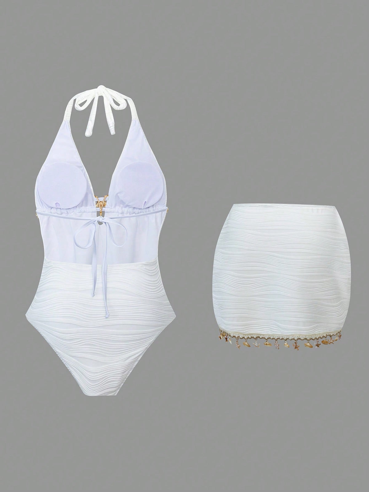 Swim Oasis Plus Size Women 2-Piece Set One-Piece Solid White Special Fabric Wave 2026 Hot-Selling New Fashion Vacation Daily Minimalist Casual Slimming Flattering Starfish Deep V-Neck Halter Tie Back