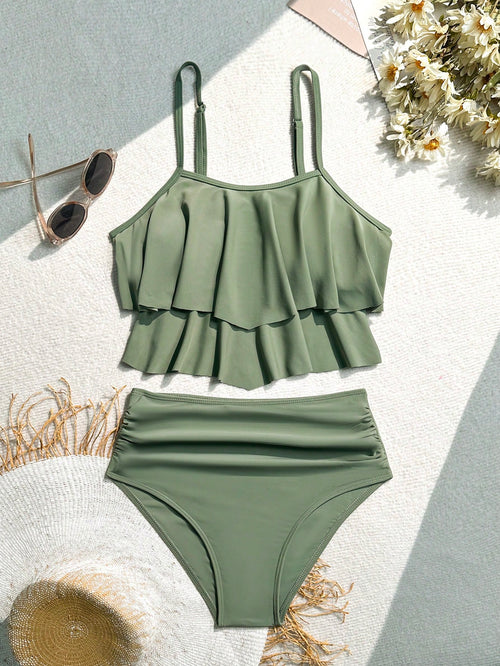 Swim Solid Color Ruffled Tankini For Beach Vacation,Summer Beach